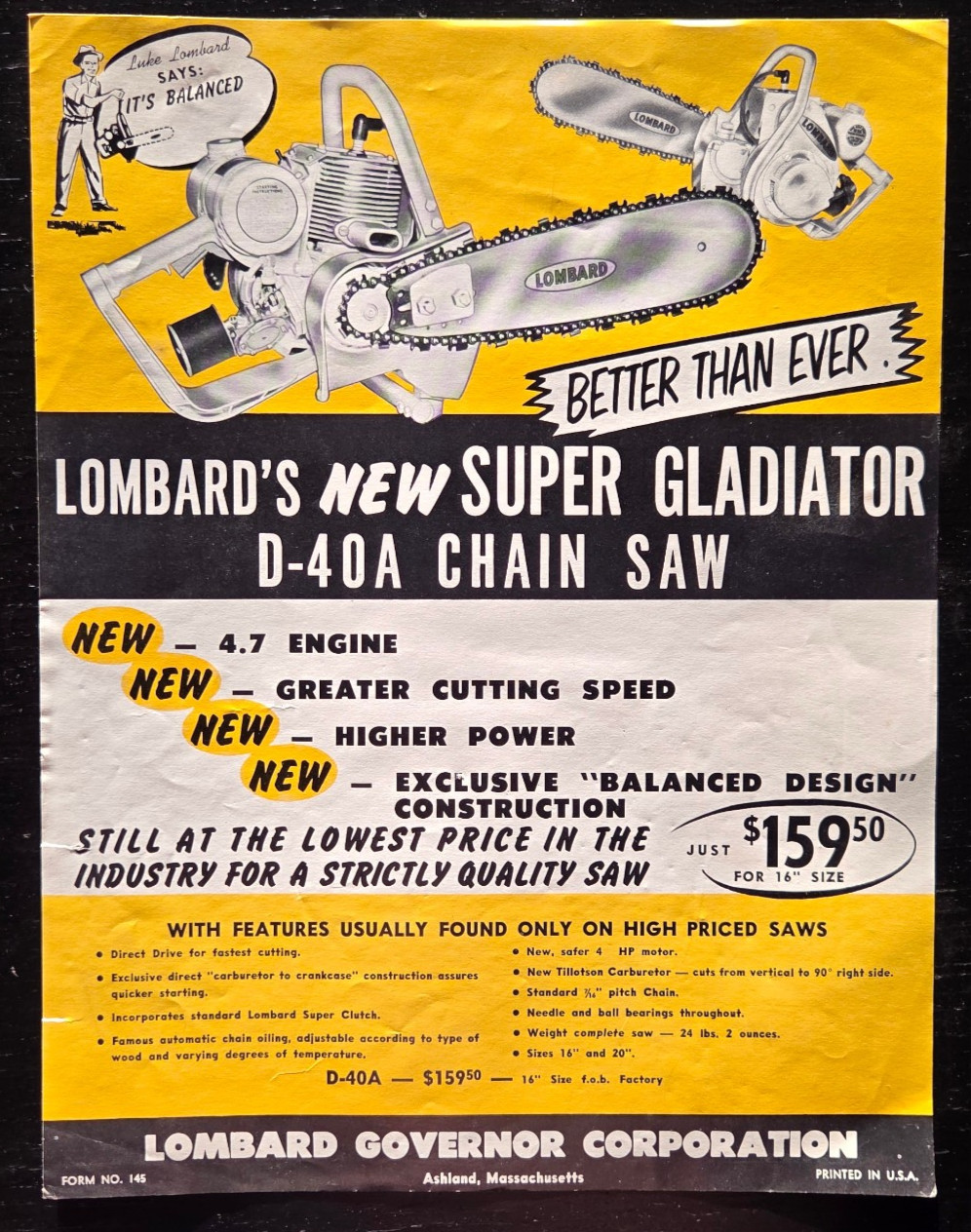 1959 LOMBARD&rsquo;S SUPER GLADIATOR D-40A CHAIN SAW ADVERTISEMENT ASHLAND MASS.