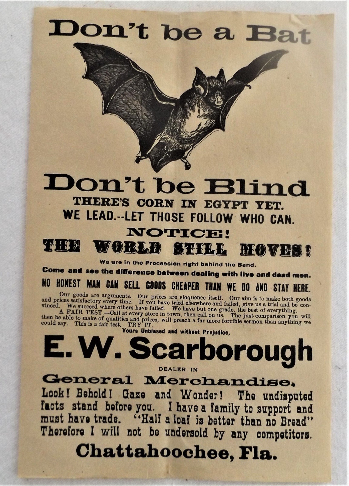 Great « Bat » Early Advertising Broadside Scarborough Store Chattahoochee Florida