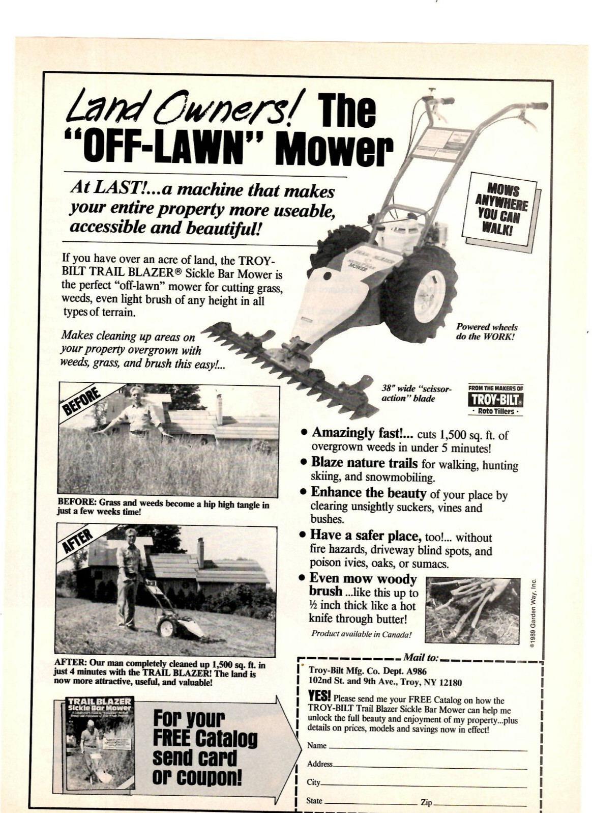 1989 Print Ad Troy-Bilt Mfg Trail Blazer Sickle Bar Mower Land Owners! Off-Lawn