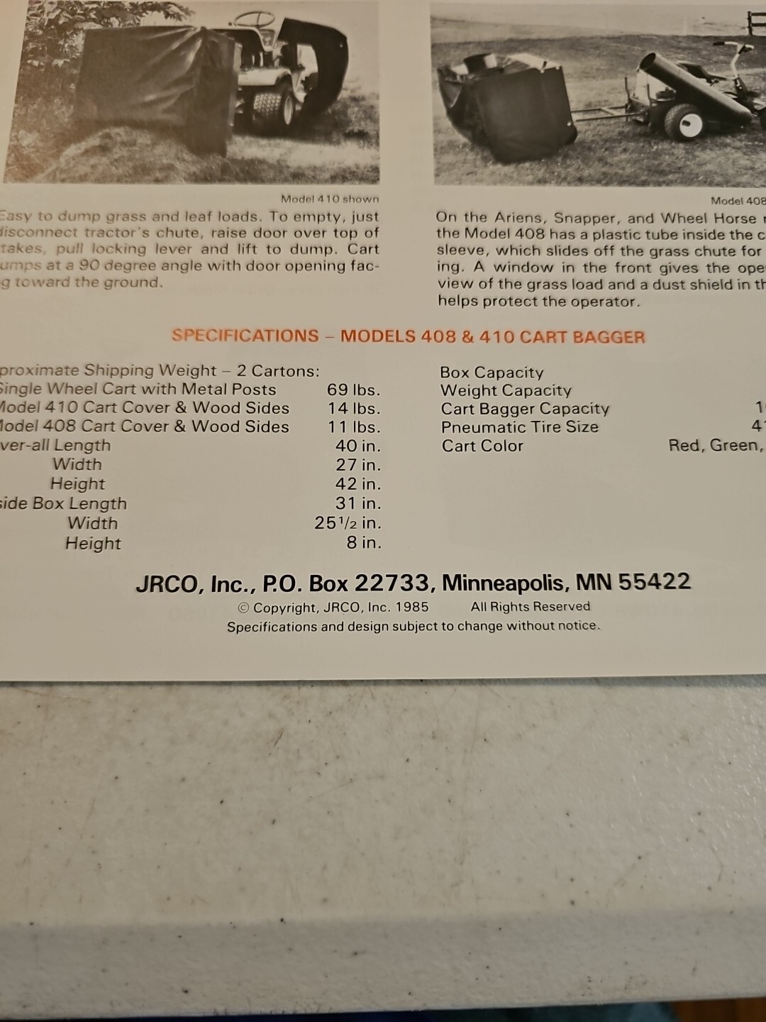 VINTAGE 1985 JRCO CART BAGGER GRASS COLLECTOR SALES BROCHURE