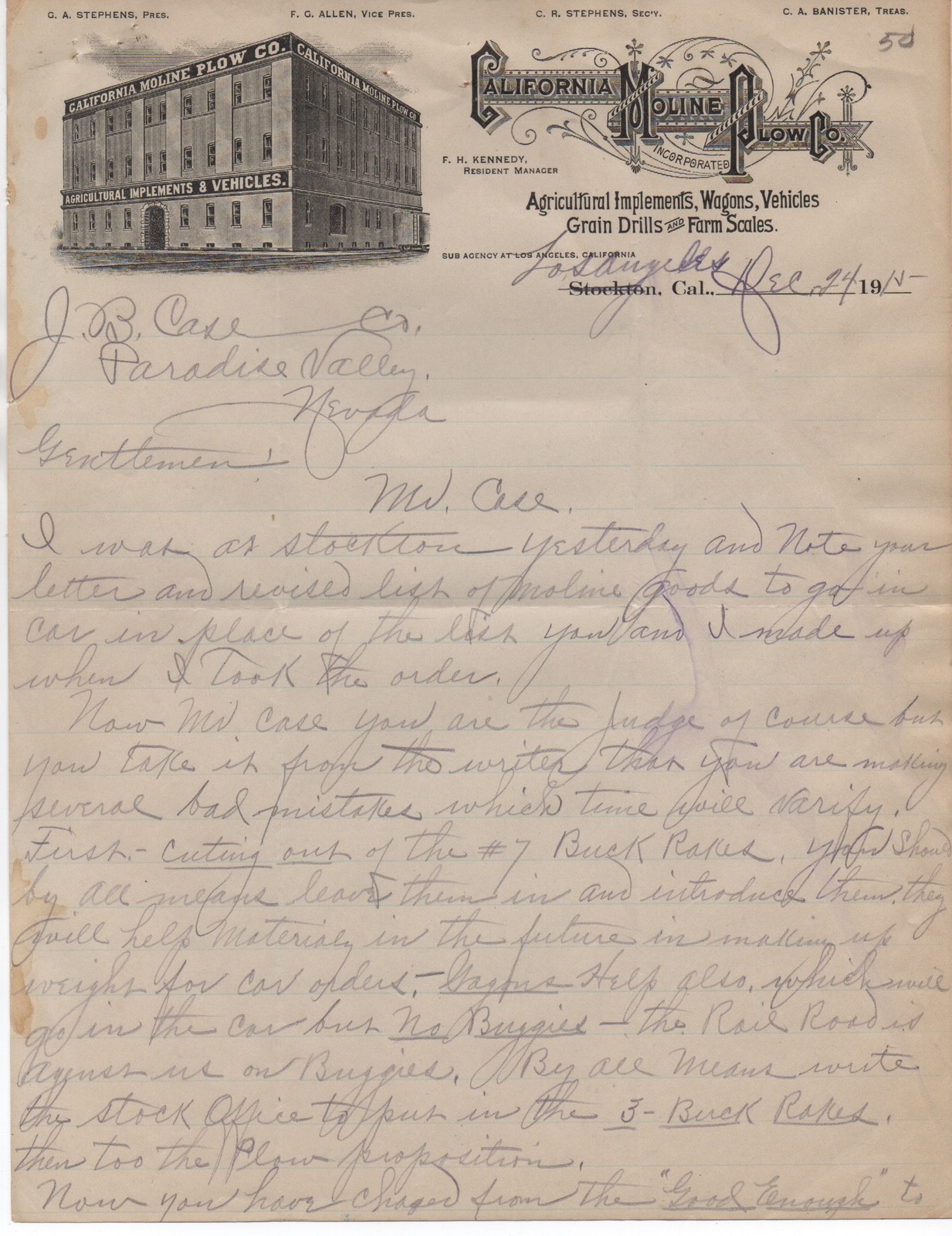 1915 Letter from California Moline Plow Co LA to J.B. Case Paradise Valley NV
