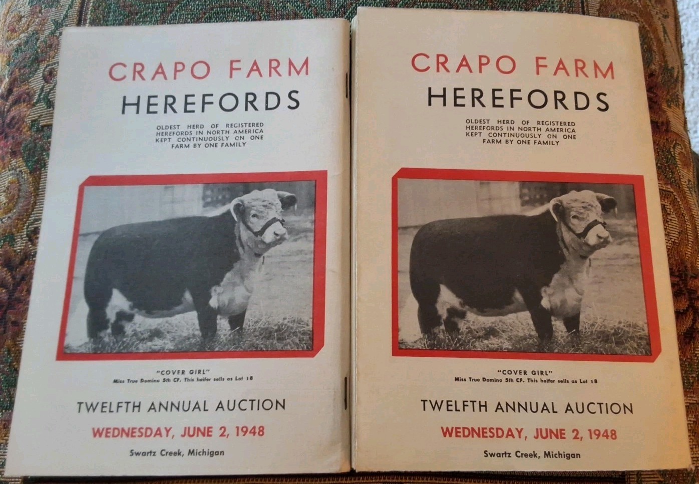 Pair 2 Vintage Crapo Farm Herefords Auction Sale Catalogs Swartz Creek Michigan