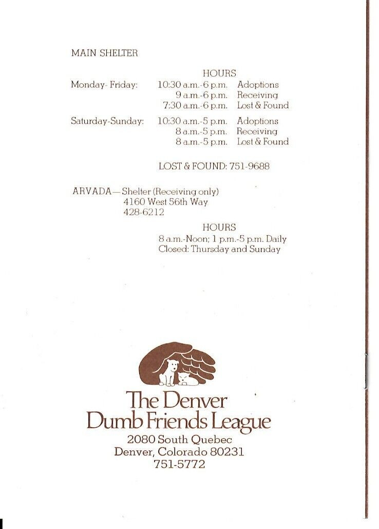 Adopt a Friend for Life The Denver Dumb Friends League Brochure 1977 Colorado