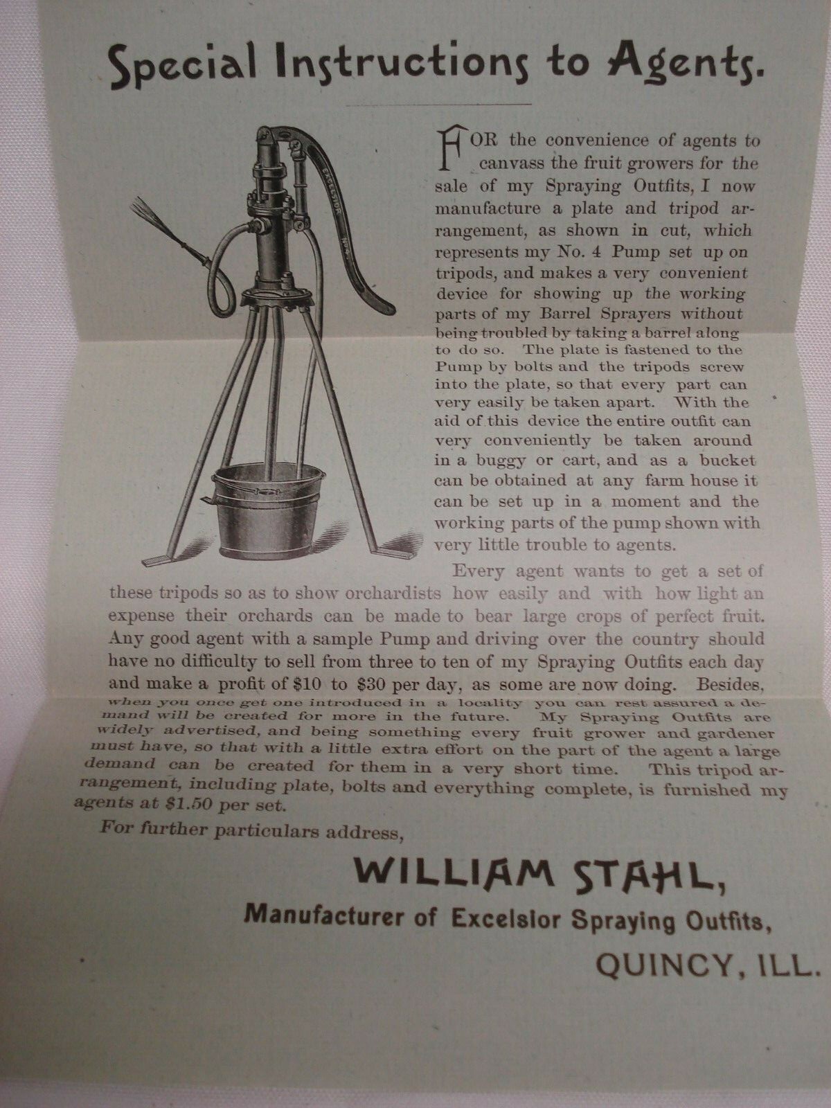 1892 WILLIAM STAHL EXCELSIOR FRUIT TREE SPRAYING EQUIPMENT SALES AGENT LETTER