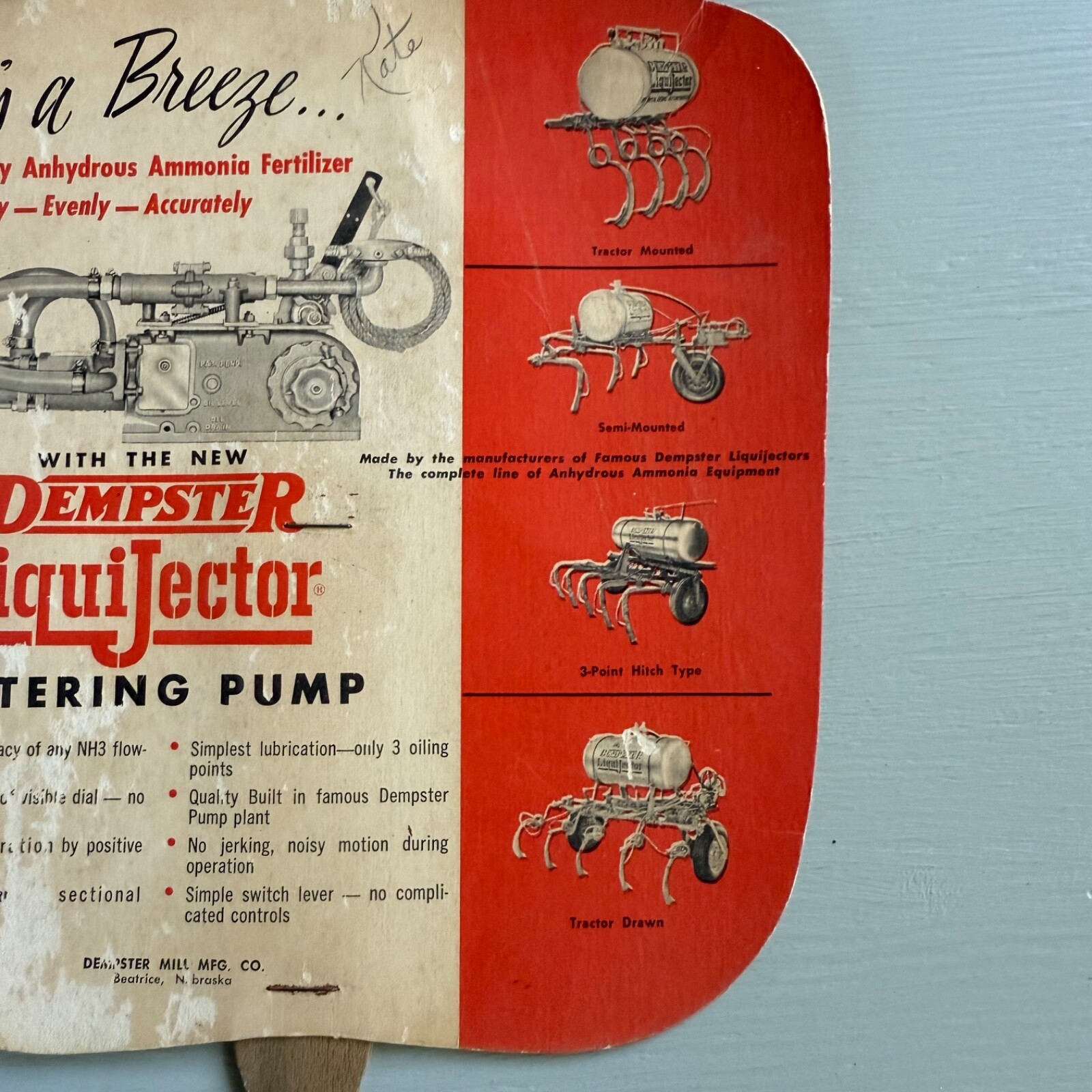 Vintage Dempster LiquiJector Metering Pump Hand Fan Advertising Beatrice NE