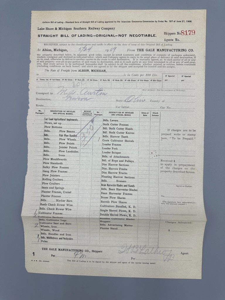 1909 LAKE SHORE & MICHIGAN SOUTHERN RAILWAY Bill of Lading GALE Farm Advertising