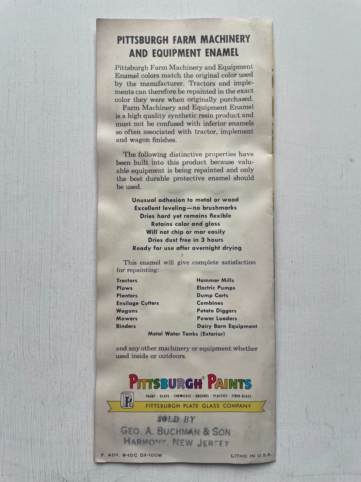 Vintage Pittsburgh Paints Farm Equipment Enamel Paint Sample Brochure