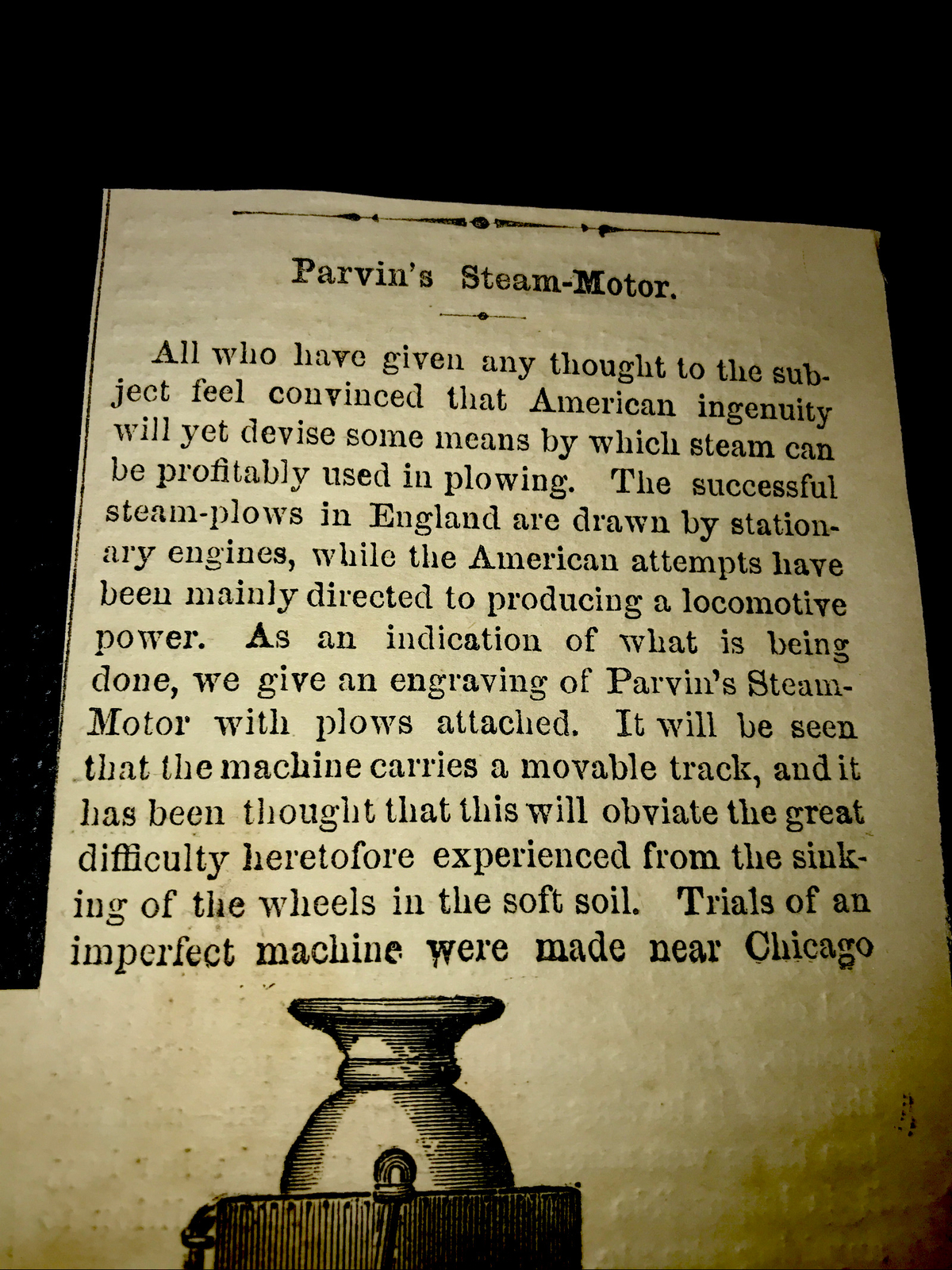 ORIGINAL 1873 Parvin’s Steam Motor Plow Farm Engraving Advertising & Article