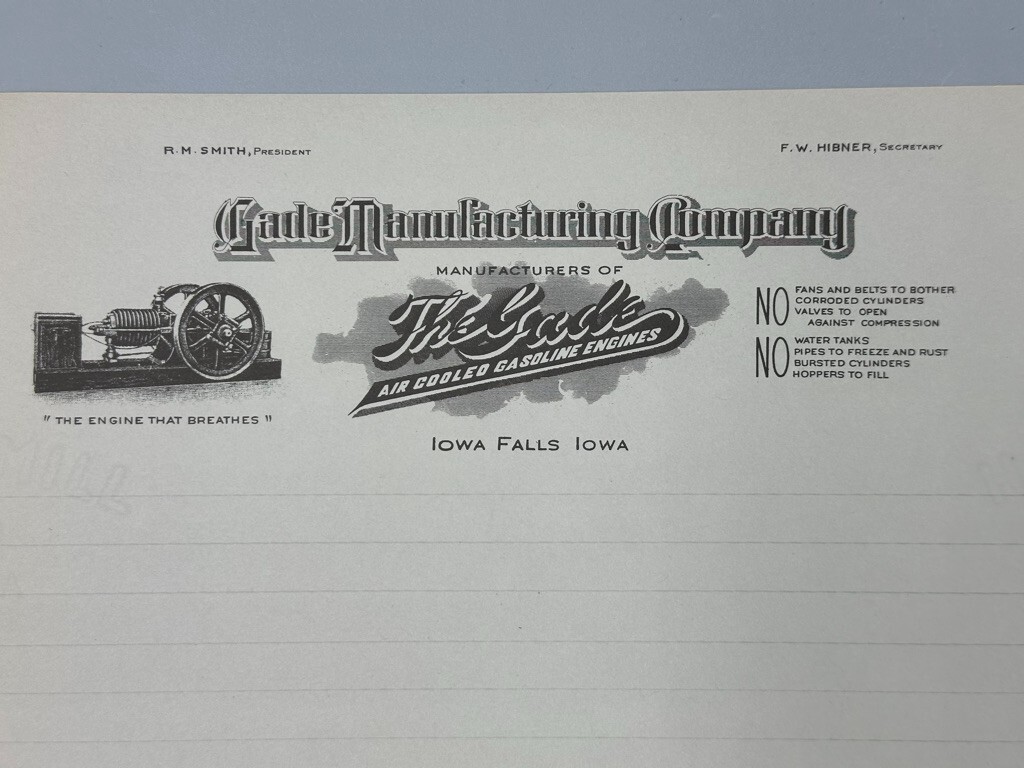 Vintage GADE Air Cooled GASOLINE ENGINES Farm Advertising IOWA FALLS Letterhead