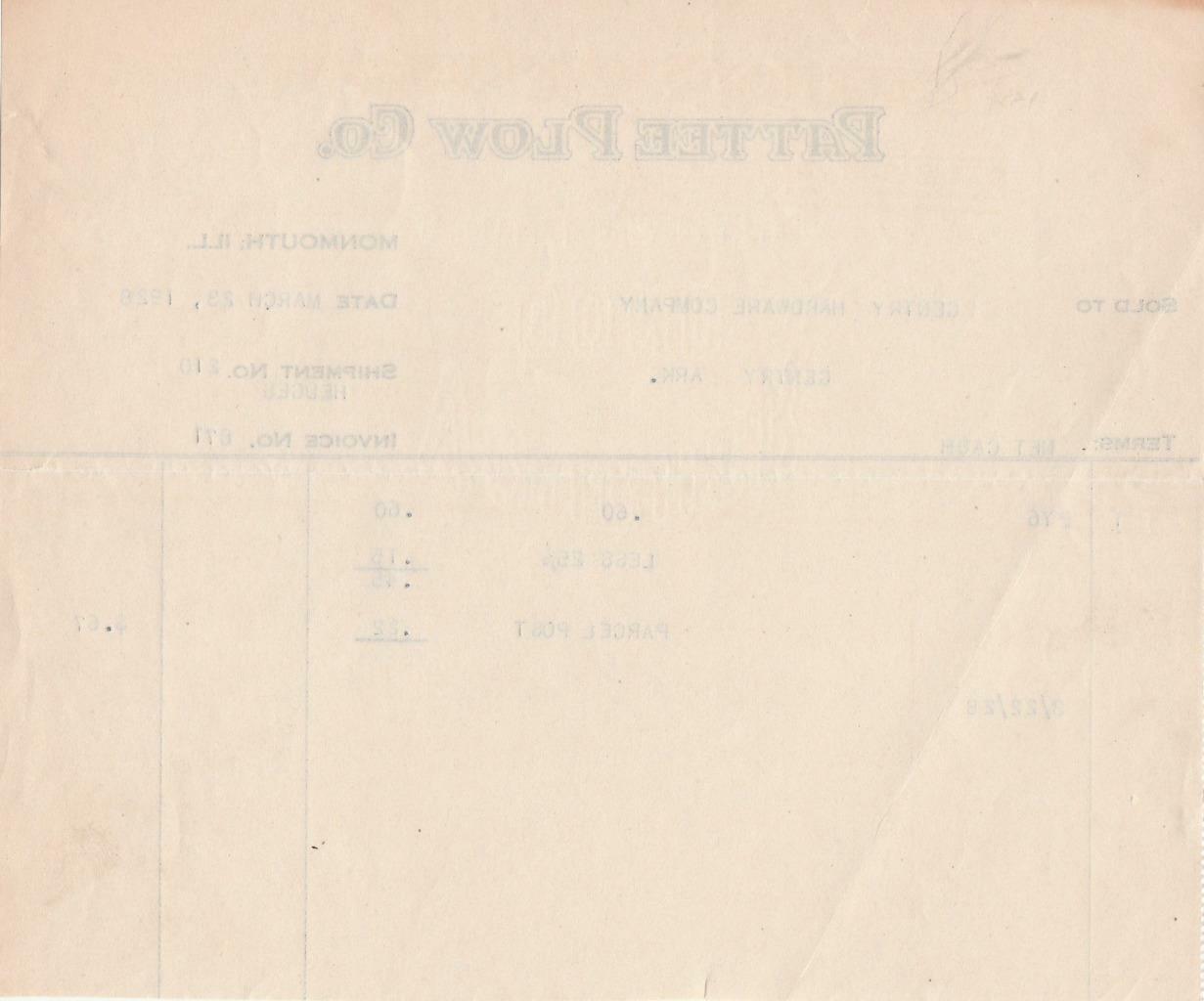 1928 Invoice Patee Plow Co. Mfg. of Agricultural Implements Monmouth, Illinois