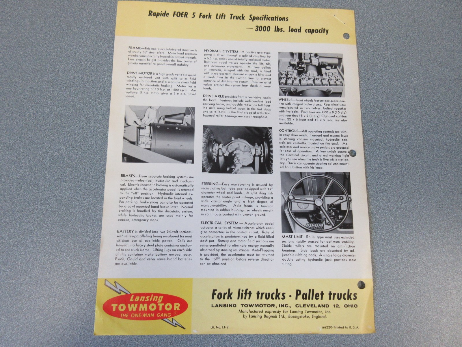 Old Towmotor Forklift Sales Sheet, 3000 Pound Pallet Truck