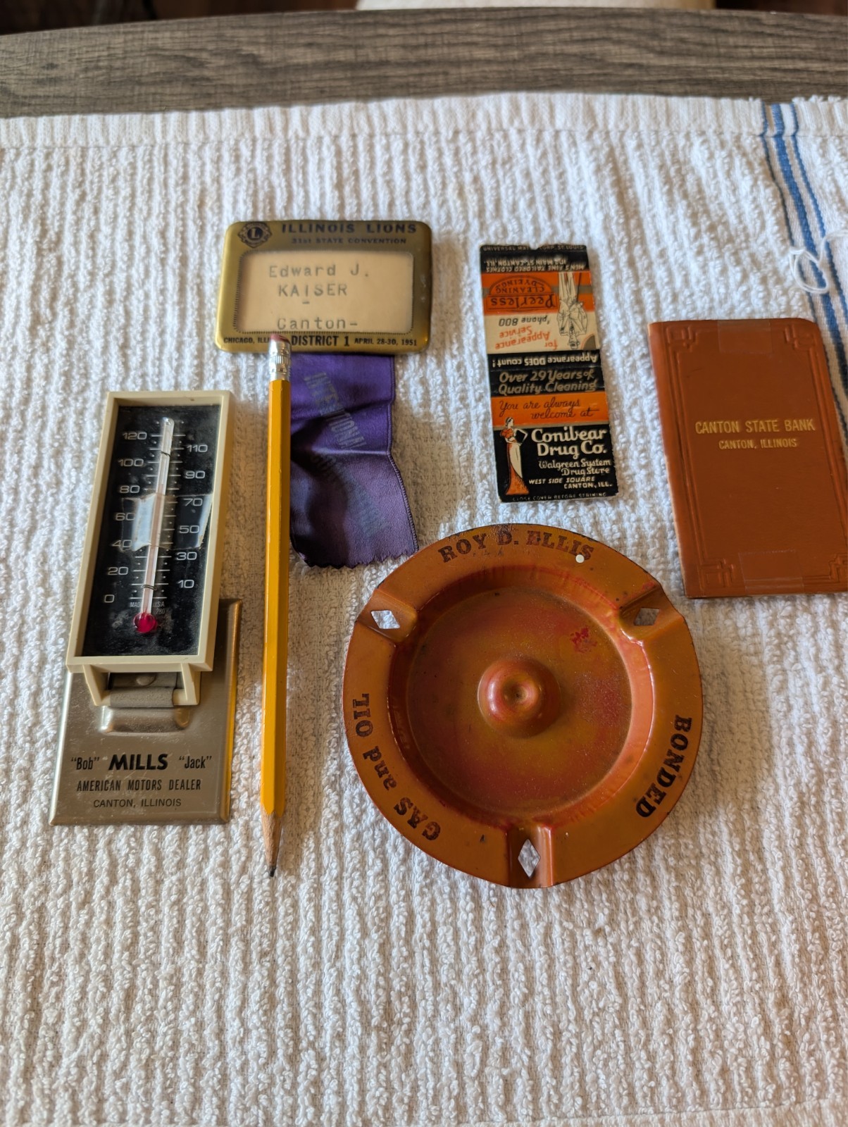 Canton, Ill.vintage advertising lot. thermometer, ashtray ,matchbox cover, moreu
