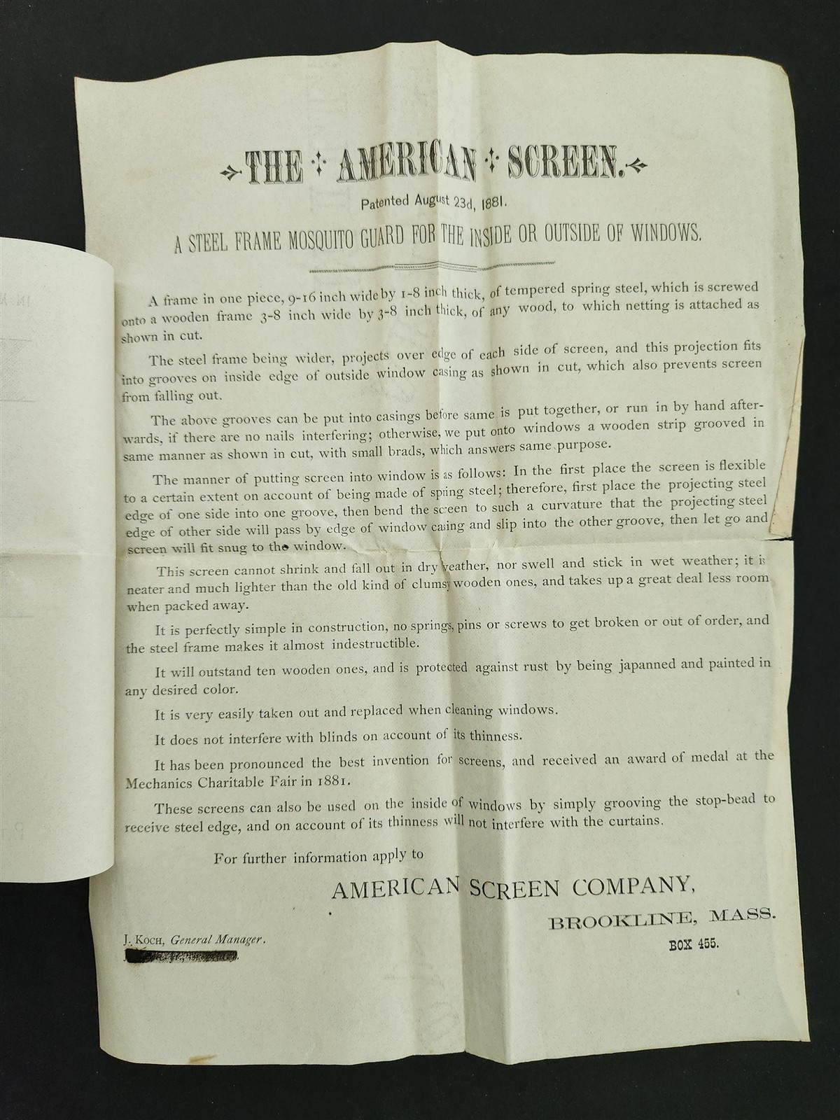 1800s antique THE AMERICAN SCREEN CO brookline ma AD LETTER j koch gen mgr
