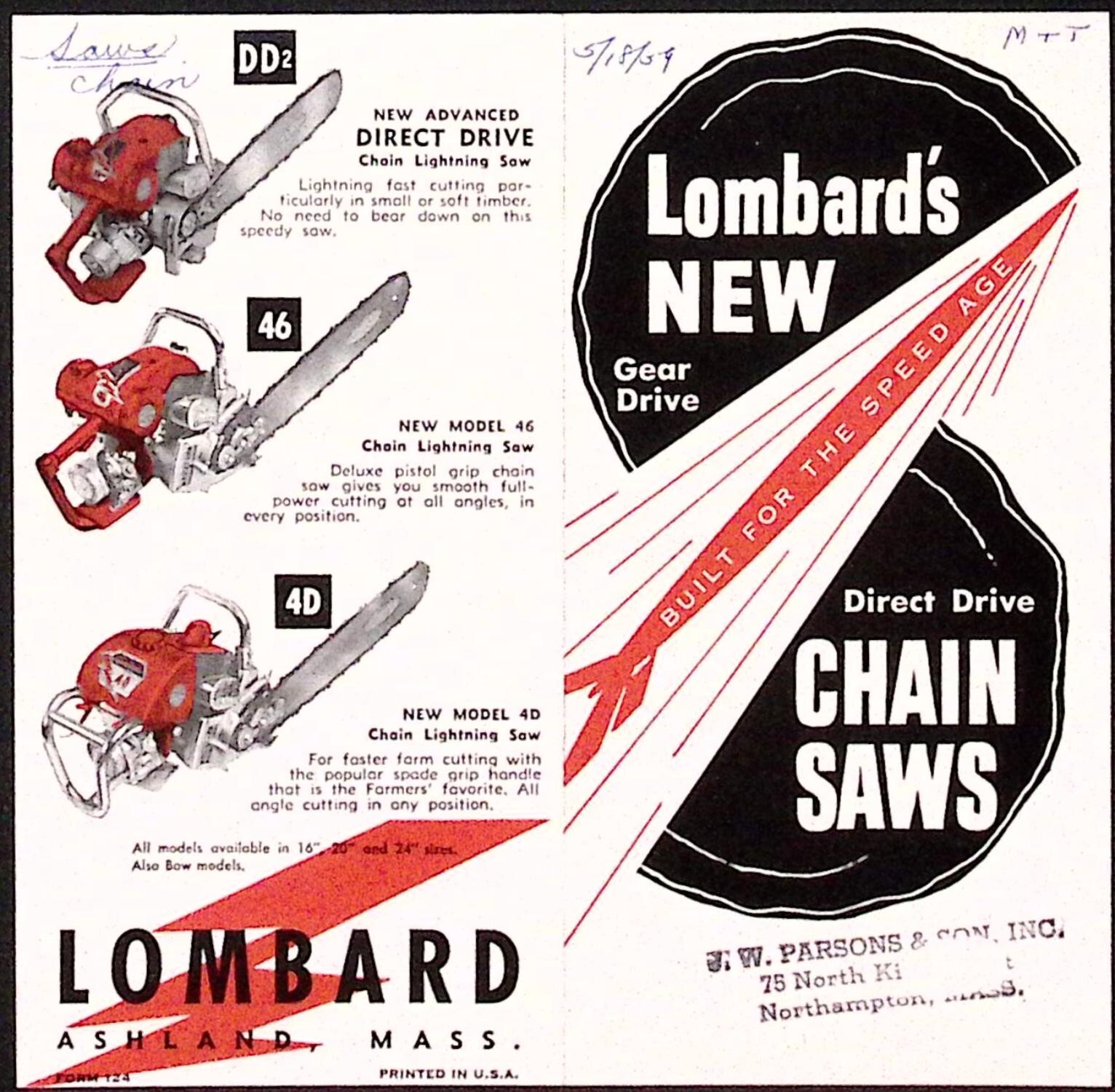 1959 Lombard&rsquo;s New Gear Drive Direct Drive Chain Saws Dealer Brochure Ashland MA
