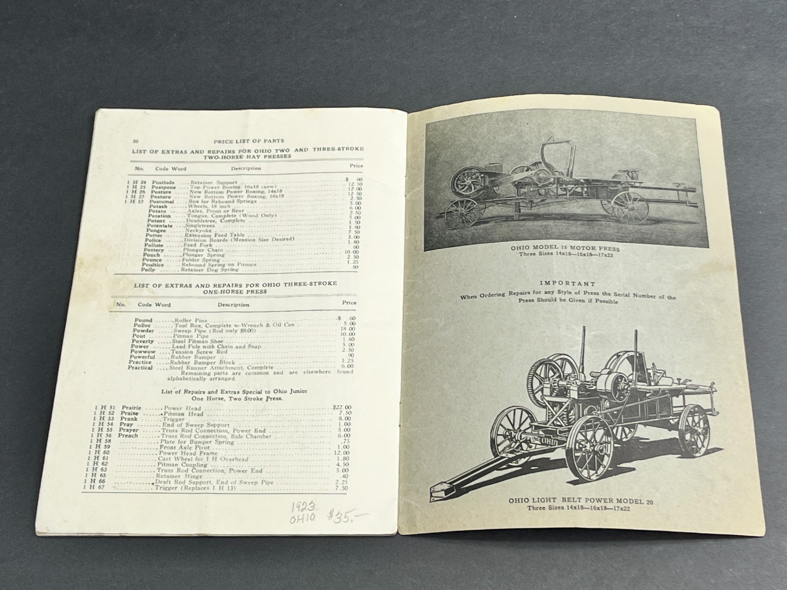 1923 Ohio Cultivator Automatic Hay Presses Parts Price List Repairs Bellevue OH