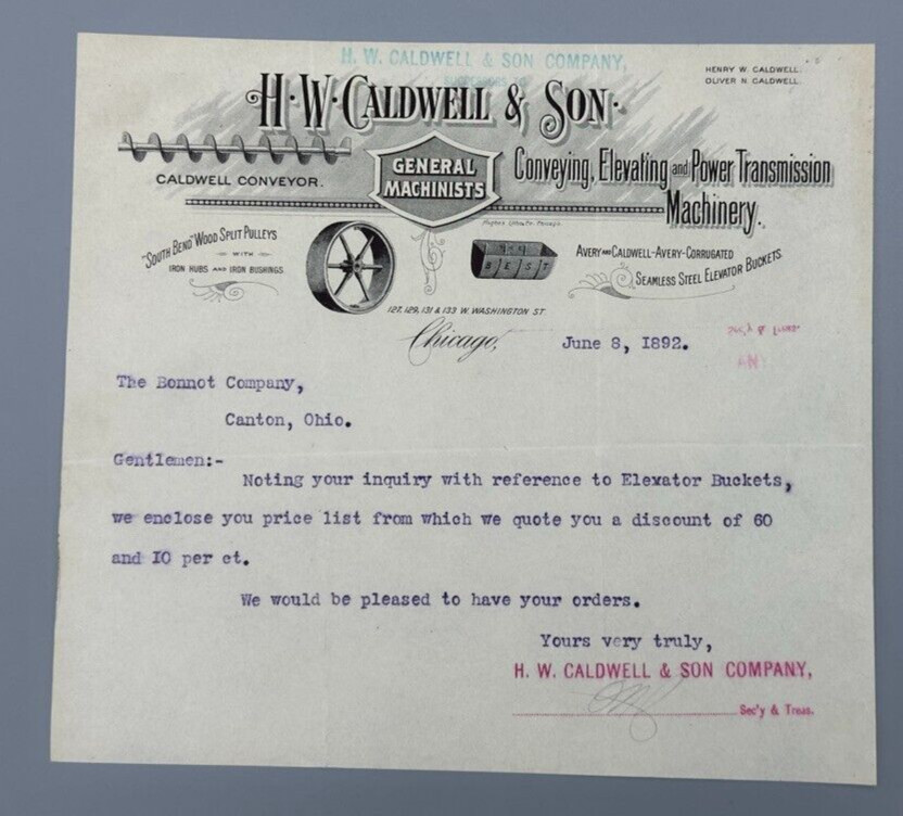 1892 H W Caldwell MACHINERY South Bend Pulley Antique Advertising Chicago Letter