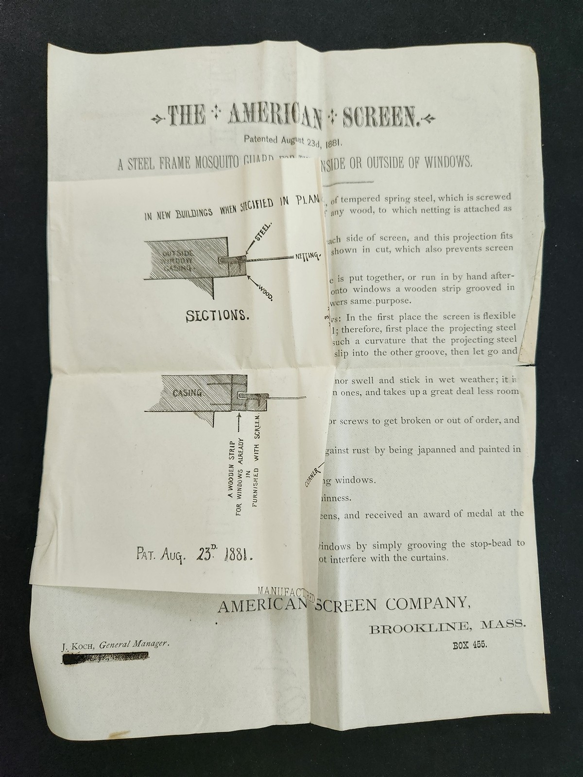 1800s antique THE AMERICAN SCREEN CO brookline ma AD LETTER j koch gen mgr