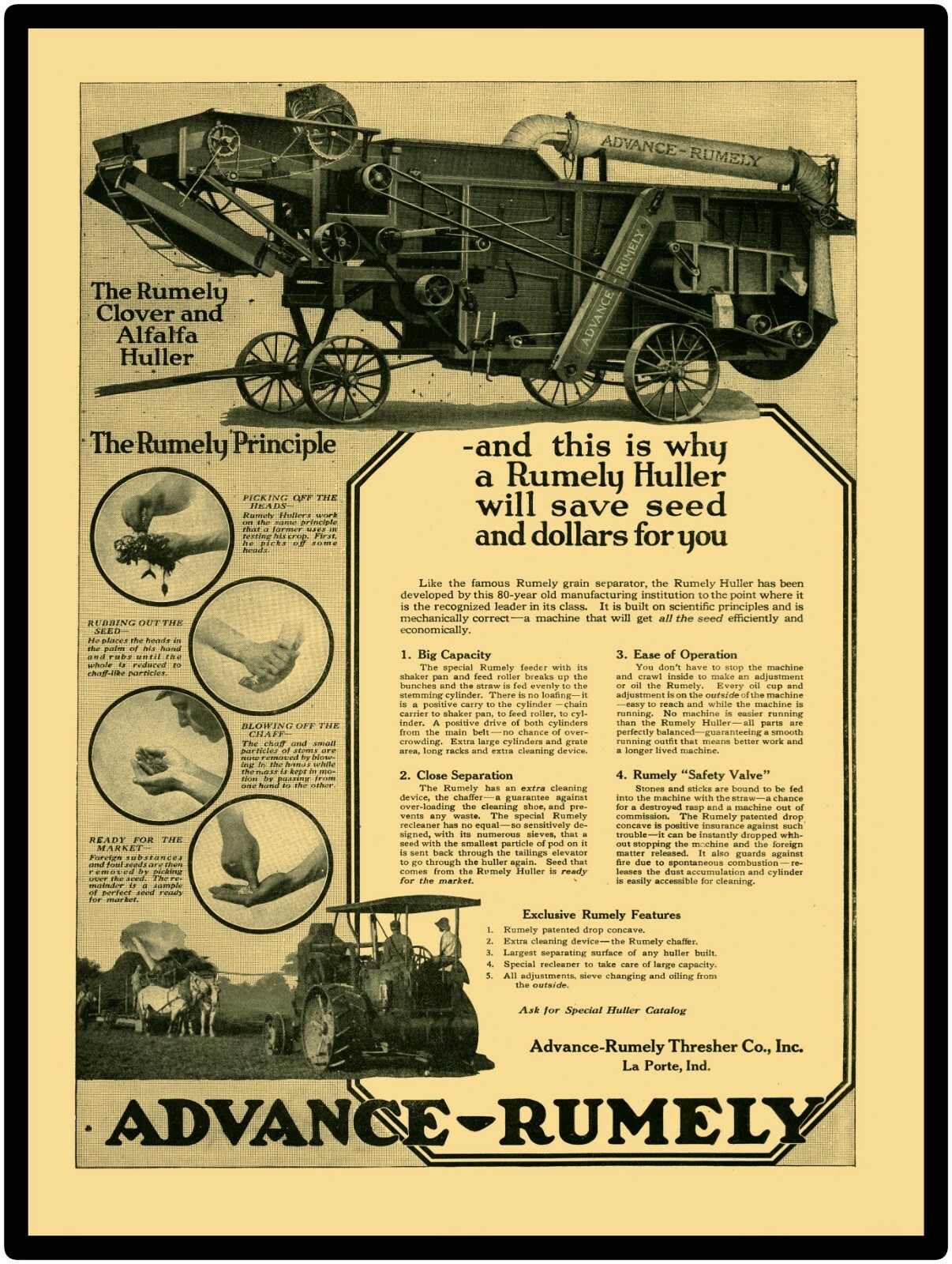 1919 Advance Rumely Alfalfa & Clover Huller w Tractor Reproduction Metal Sign
