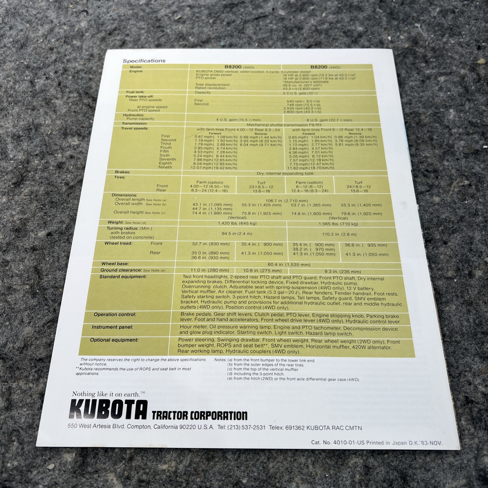 Original Kubota Diesel Tractor B8200 2WD/4WD Brochure – Sticker Damage Read