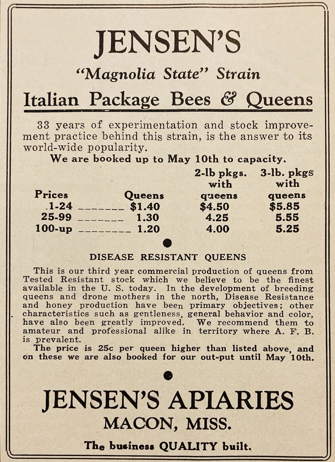 1948 AD.(XH87)~JENSEN’S APIARIES, MACON, MISS. ITALIAN PACKAGE BEES & QUEENS