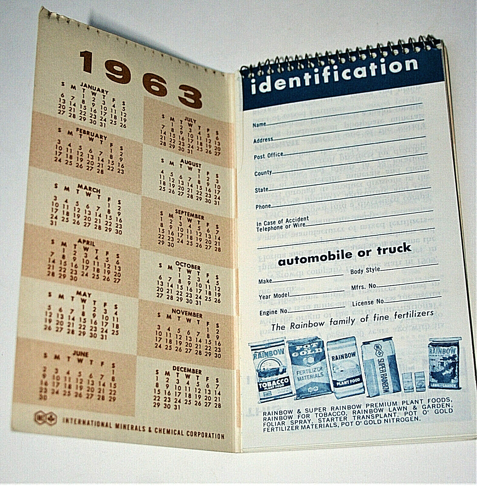 1963/64 Rainbow Fertilizers Farmers Advertising Note Pad & Calendar NOS Unused