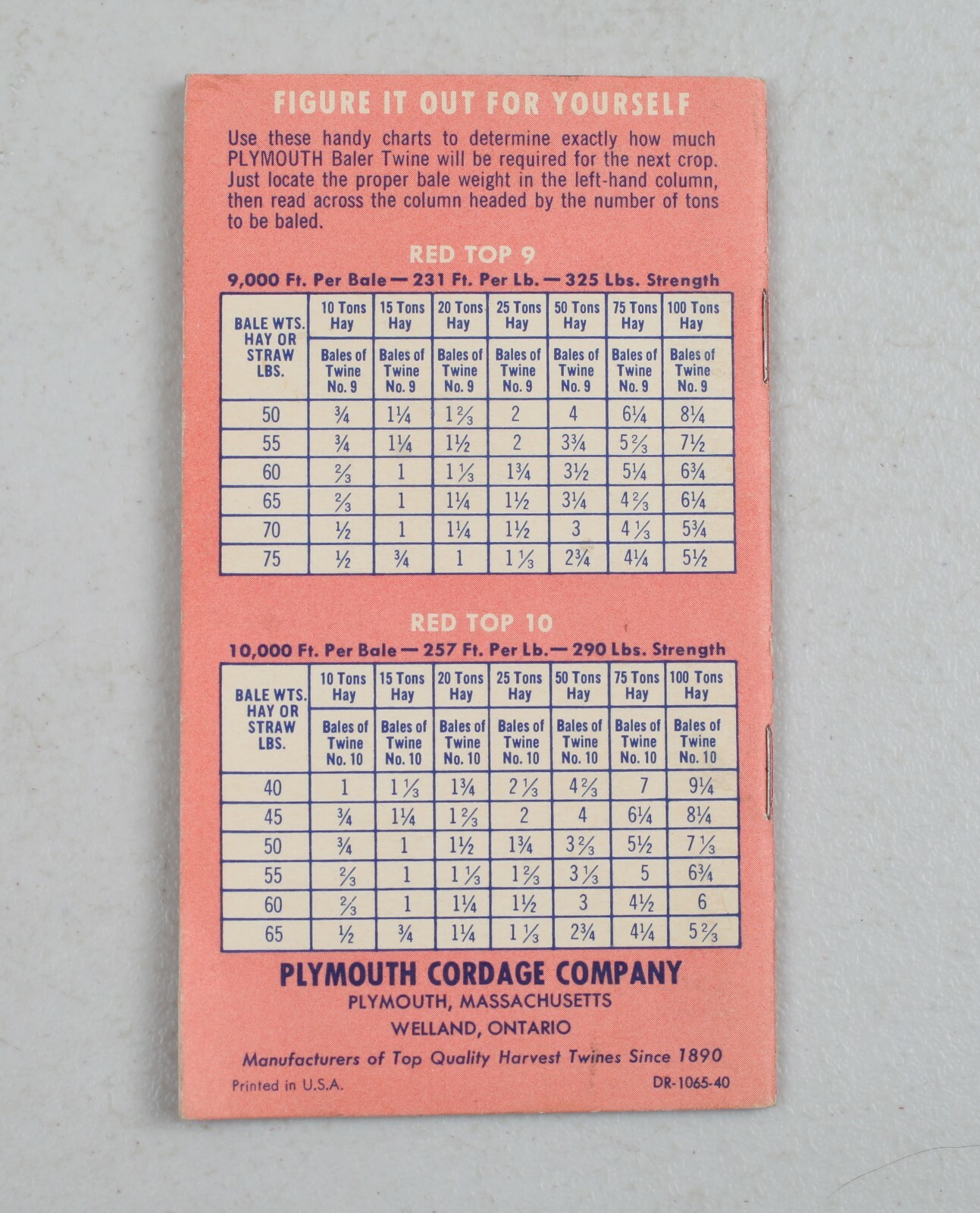 Vintage Pocket Memo Book Plymouth Cordage Co. Baler Harvest Twine