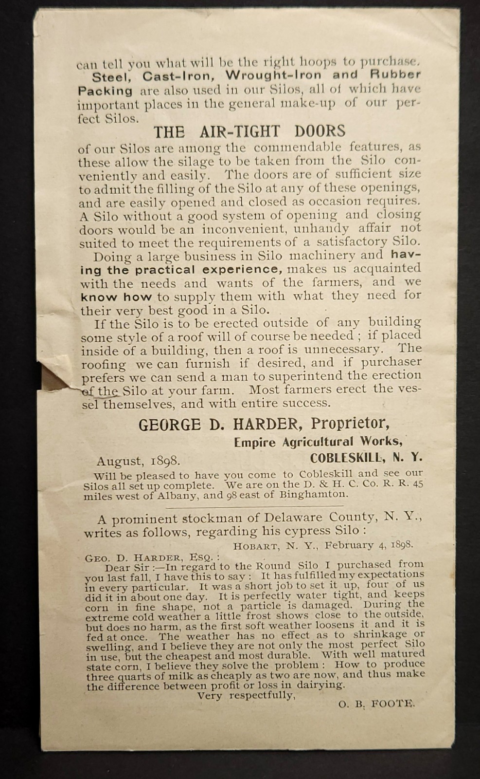 Empire Agricultural Works Round Silo or Storage Tank Ad Folder Cobleskill NY