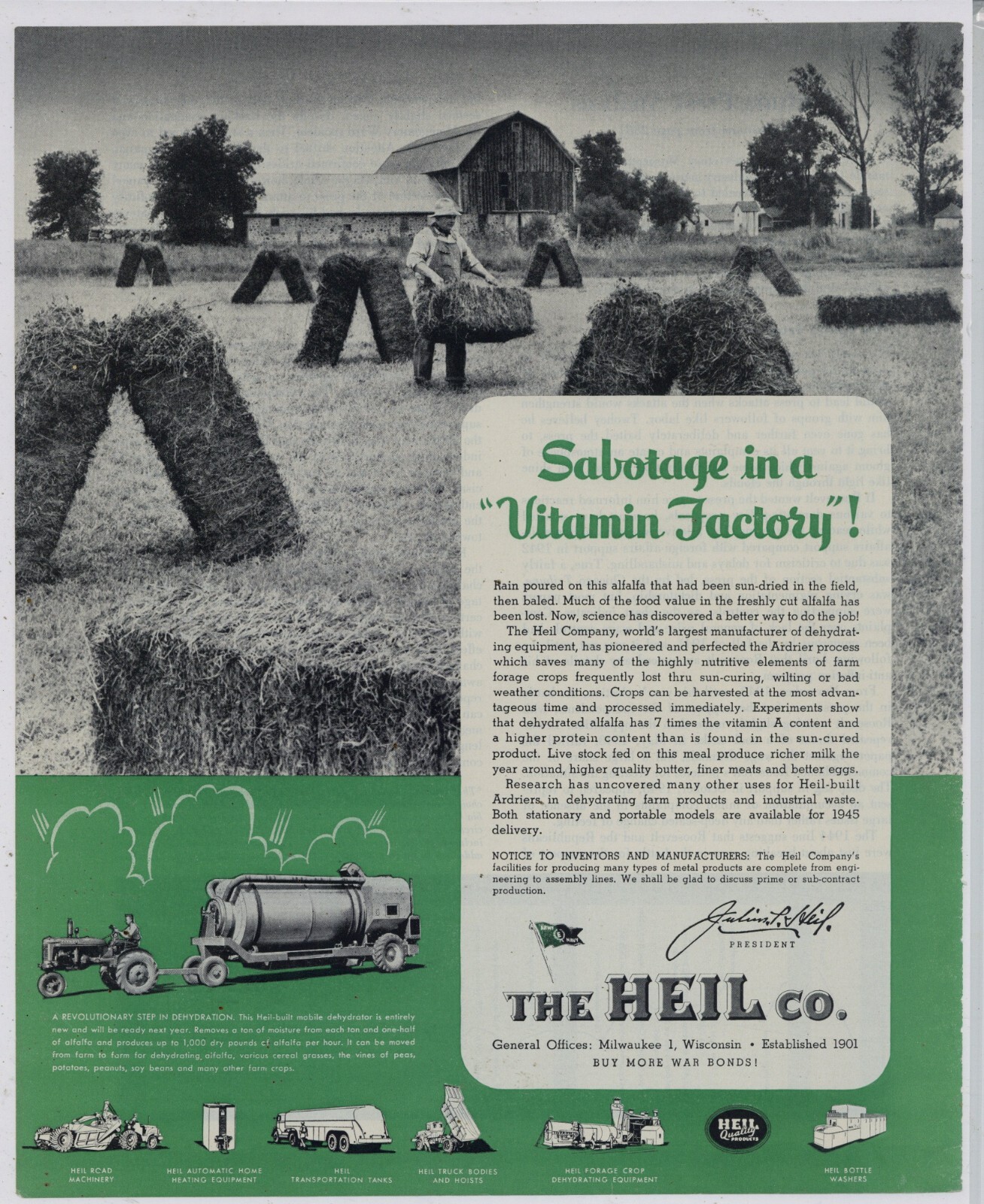 1944 Heil Co. Ad: Mobile Dehydrator for Crops – Ardrier Process – Milwaukee, WI