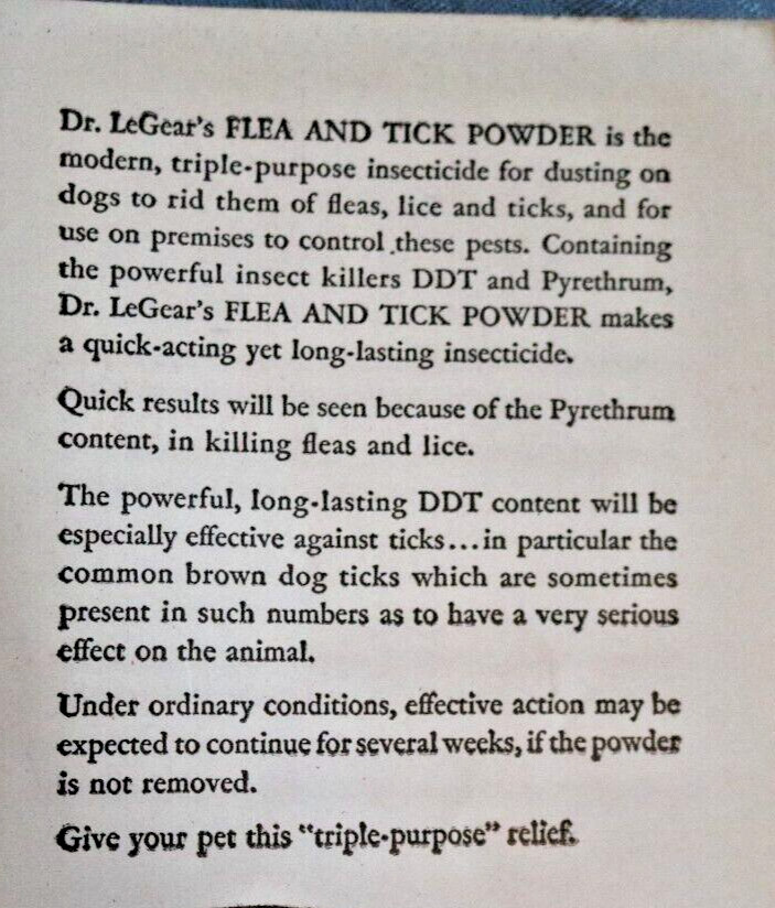 Vintage Dr LeGear&rsquo;s Dog Flea Tick Lice Powder Pamphlet States Contains DDT