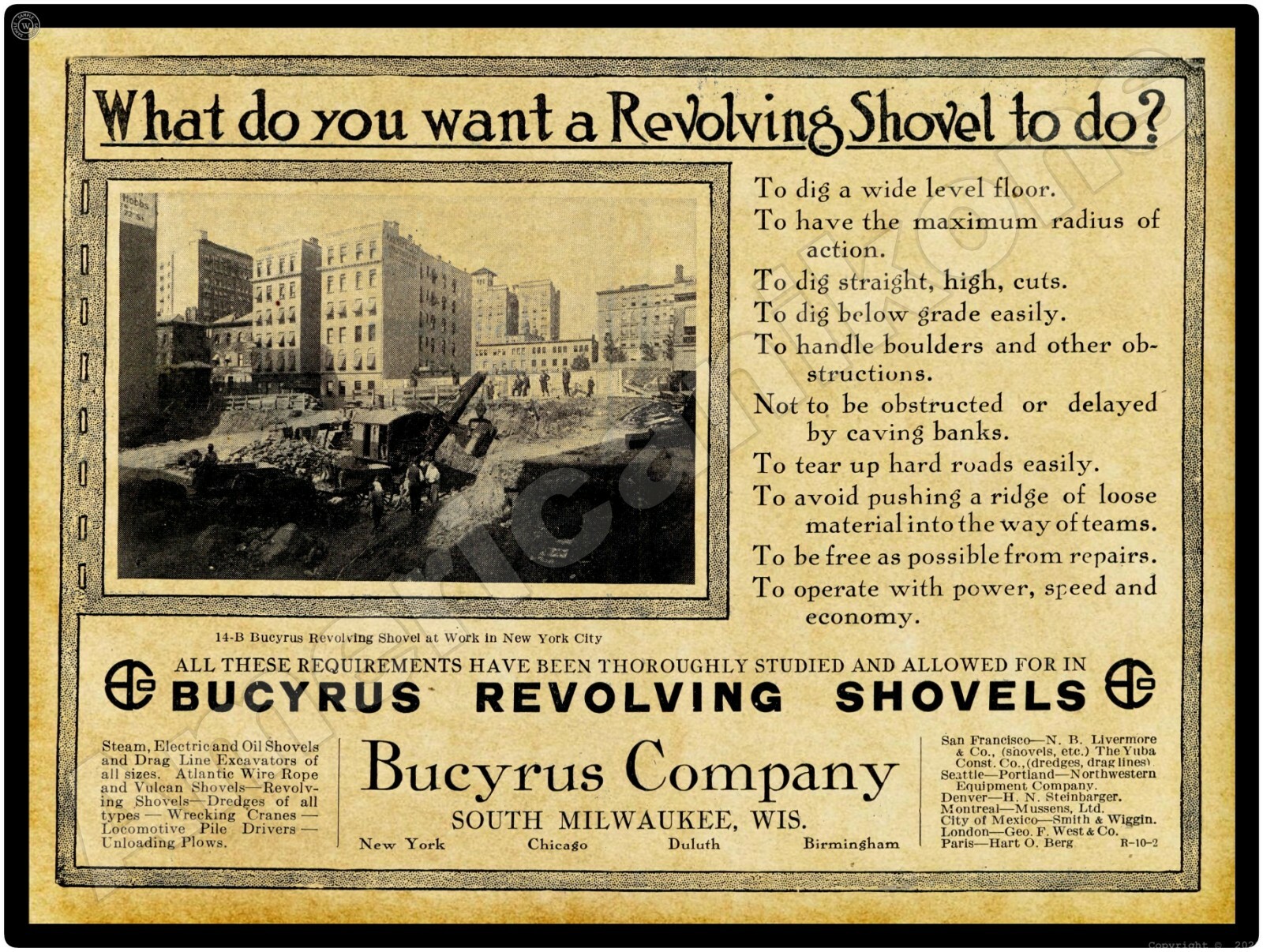 1913 Bucyrus Revolving Shovels New Metal Sign: South Milwaukee, Wisconsin