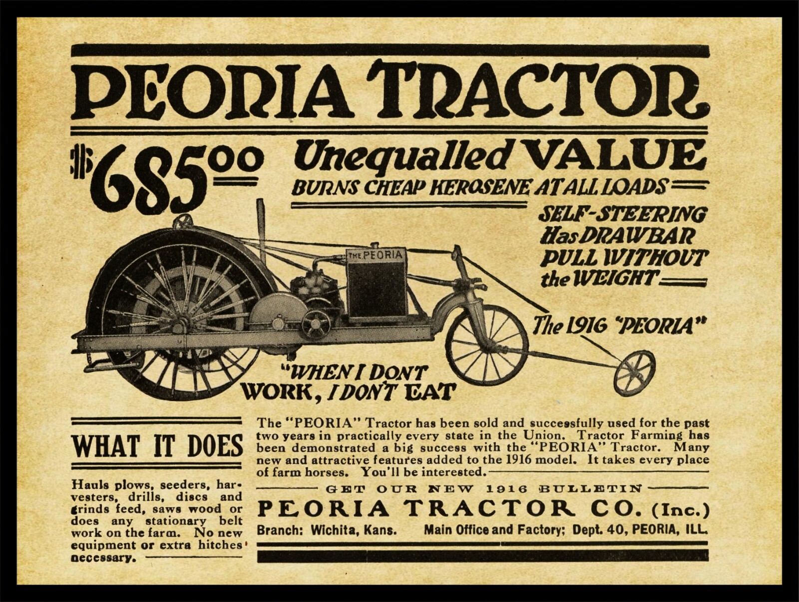 1916 Peoria Tractor Co. New NEW Metal Sign: New Model Tractor – Peoria, Illinois
