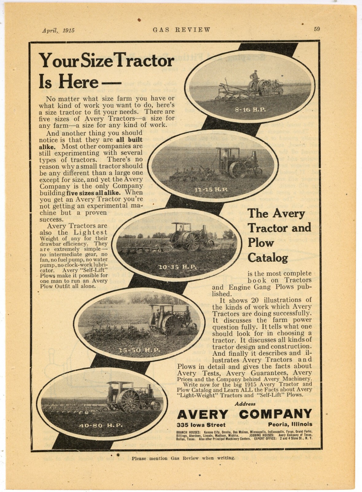 1915 Avery Tractors Ad: 8-16, 12-25, 20-35, 25-50, 40-80 Model Pics – Peoria, IL