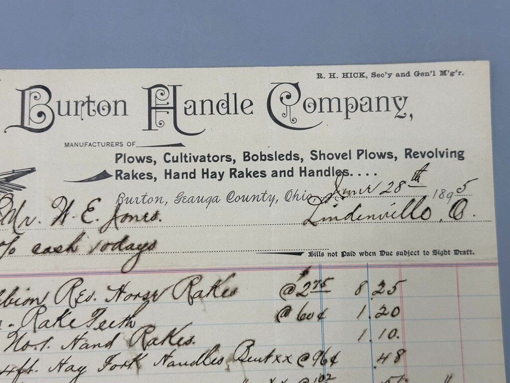 1895 BURTON Handle FARM Advertising GEAUGA COUNTY Ohio Bill Letterhead Antique