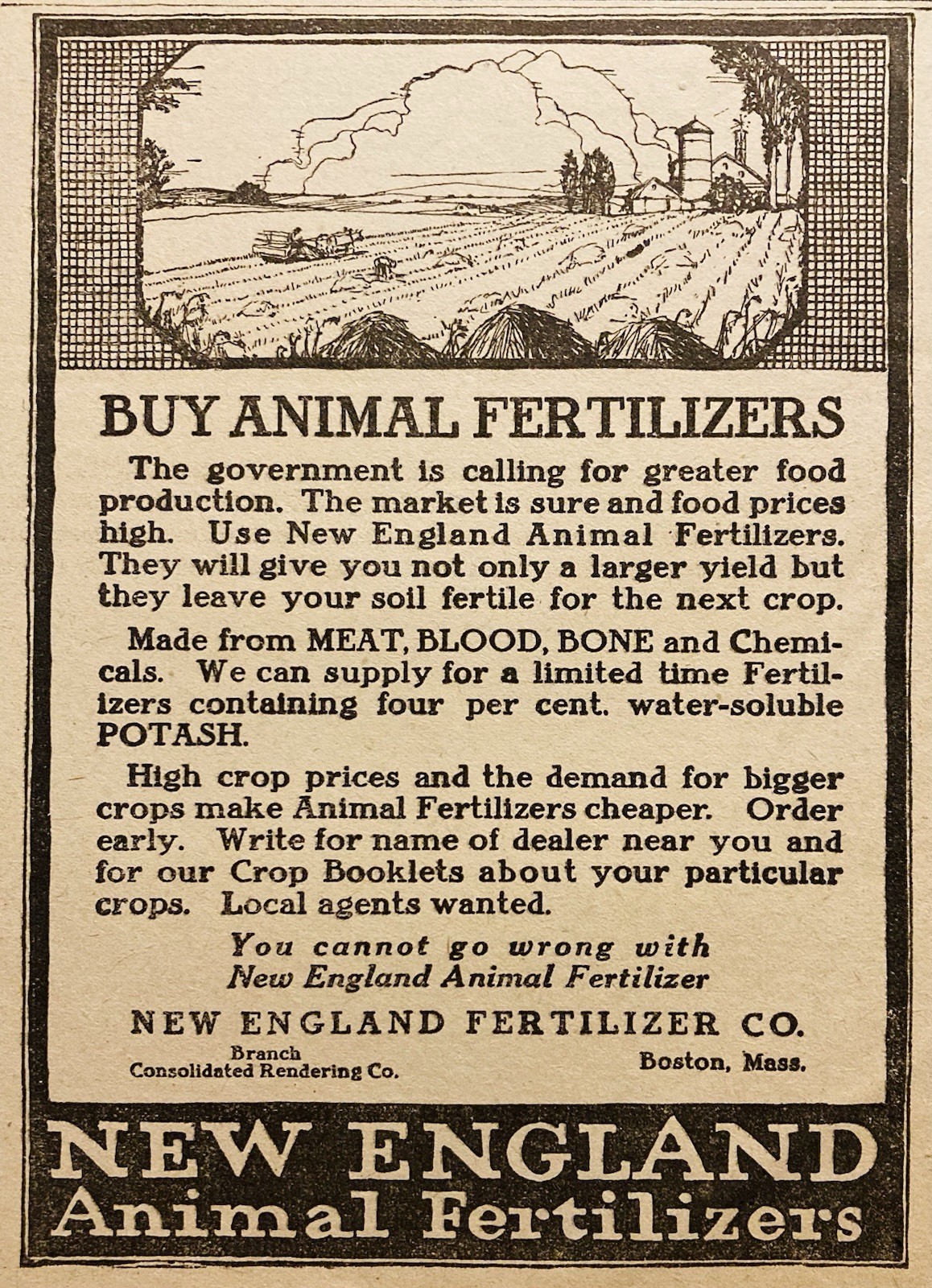 1918 AD.(XH85)~NEW ENGLAND FERTILIZER CO. BOSTON. NEW ENGLAND ANIMAL FERTILIZERS