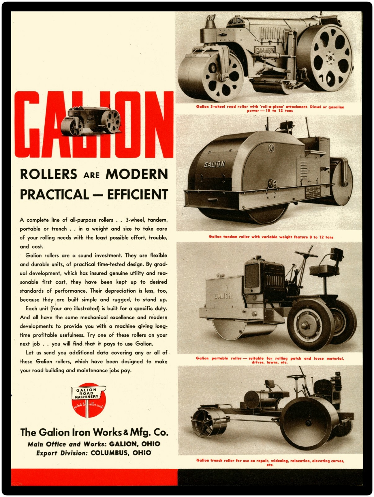 1942 Galion Iron Works Co. New Metal Sign: Road Rollers on Parade!