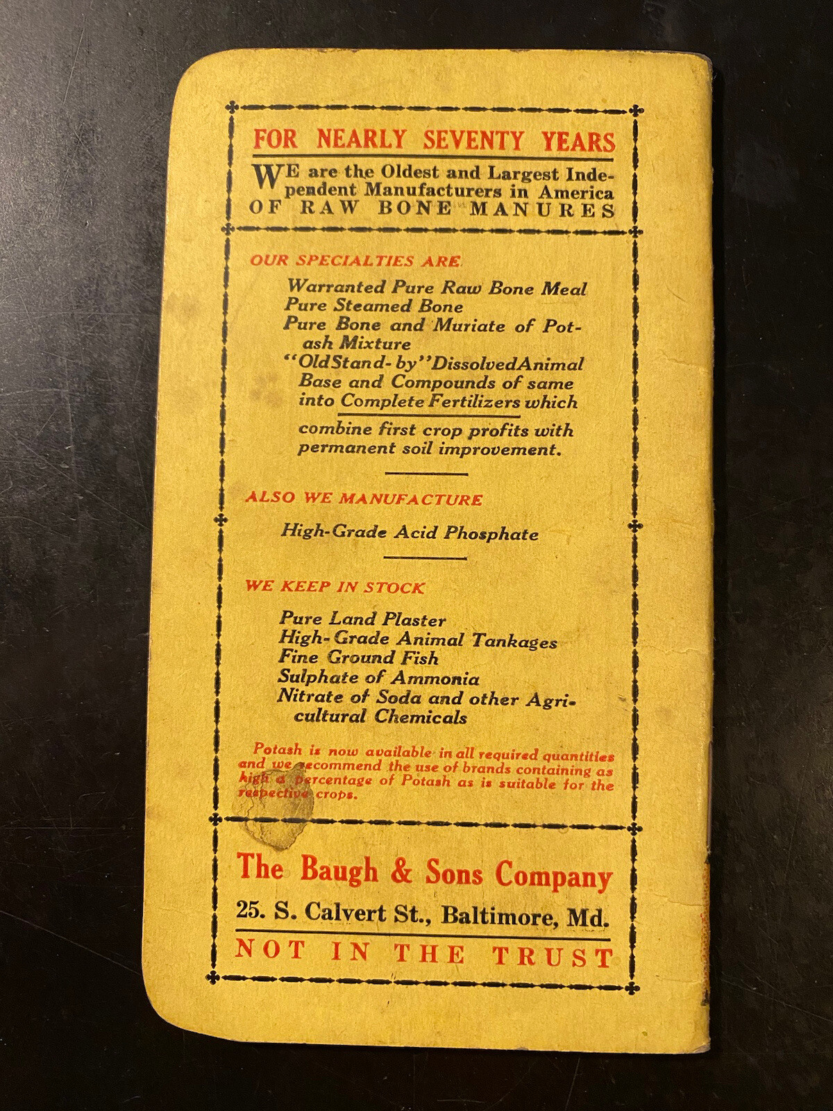 1922 The Baugh & Sons Company Baltimore Maryland Notepad Manure Fertilizer