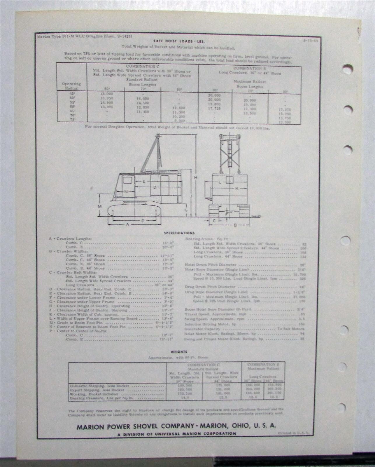1964 Marion 101M Electric Dragline Specifications Construction Sales Data Sheet