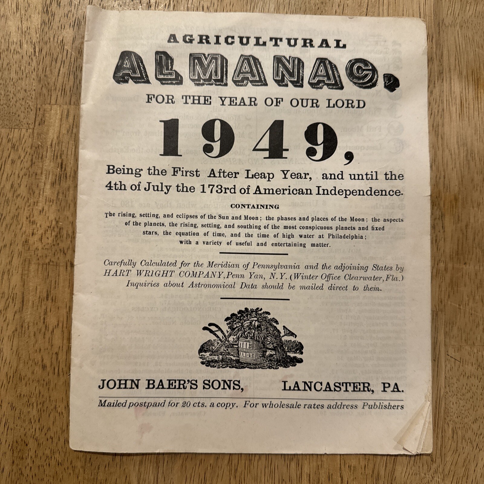 Vintage 1949 Agriculltural Almanac for The Year Of Our Lord Lancaster, PA