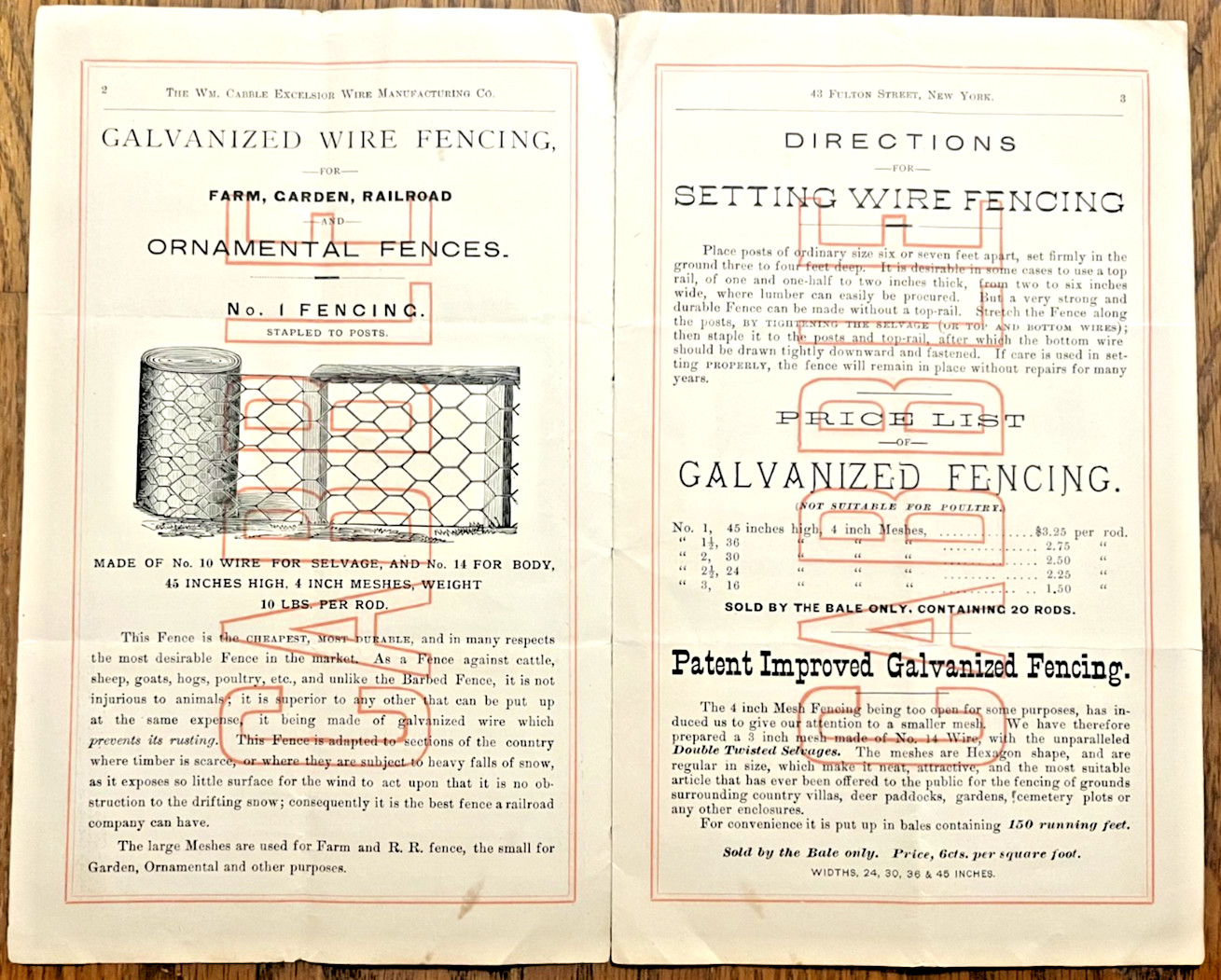 Wm Cabble Excelsior Wire Company NYC catalog 38 illustrated 1880-90 woven fence
