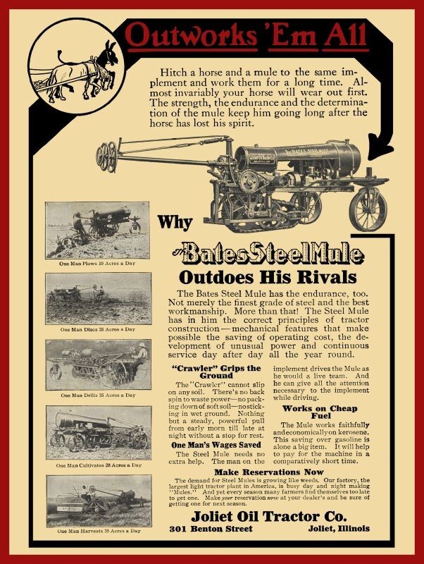 1917 Bates Steel Mule by Joliet Oil Tractor Co NEW Metal Sign: 12×16&Prime; Ships Free