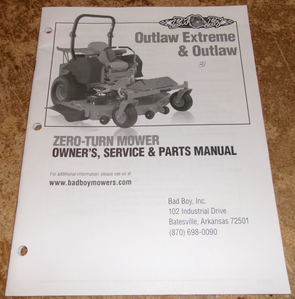bad boy outlaw + outlaw extreme lawnmower owners/parts manual nice used