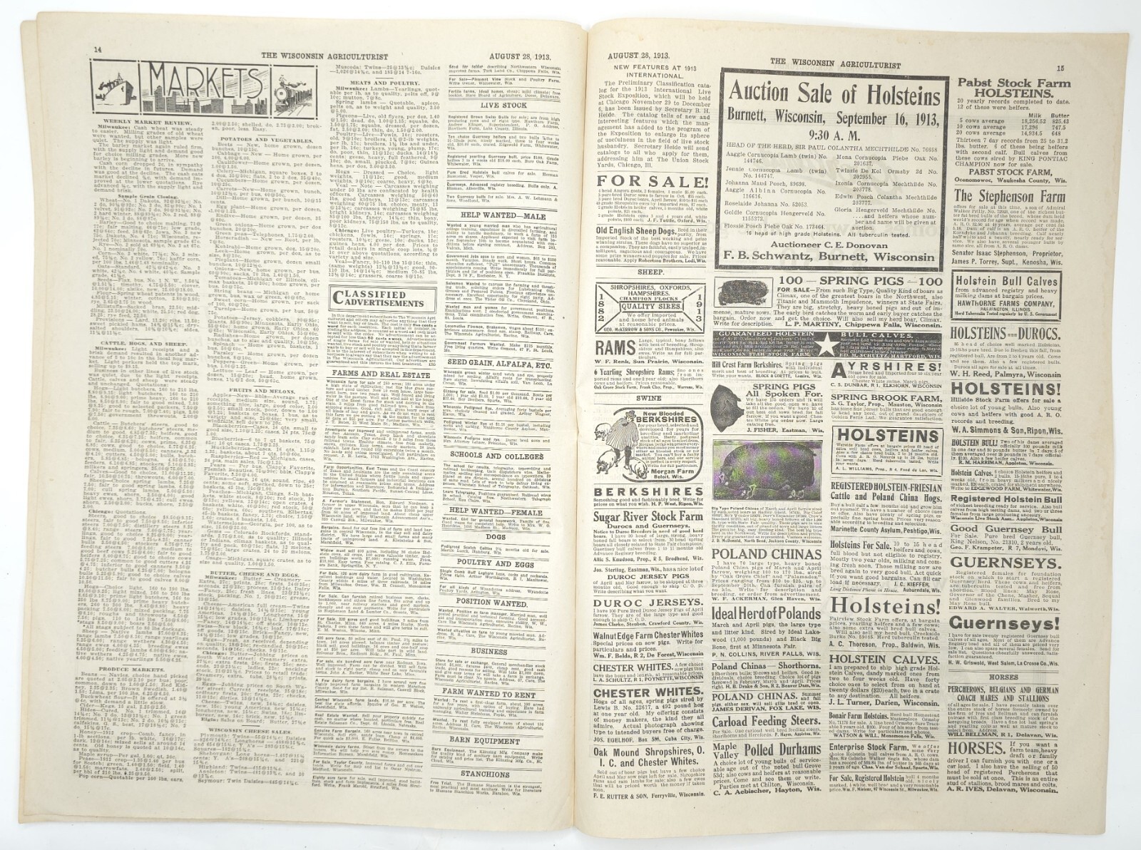 1913 The Wisconsin Agriculturist Farm News Newspaper Livestock Overland Motors