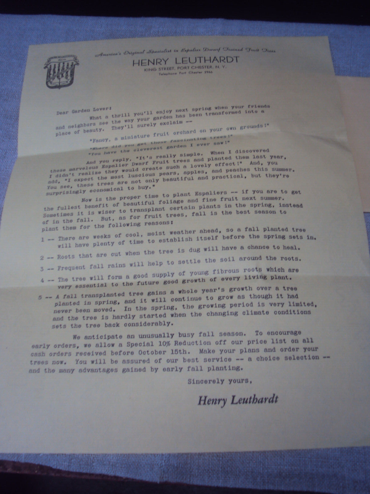 Scarce Vintage Folding Brochure Letter / Envelope Espalier Trees Henry Leuthardt