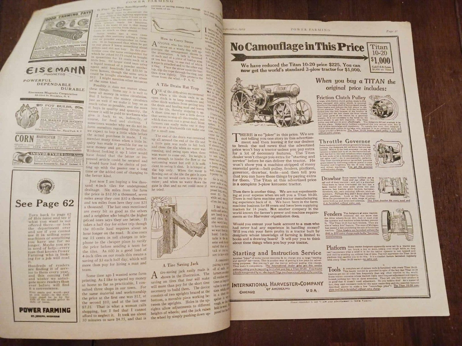 Vintage Magazine Power Farming September 1919 Holt Caterpillar Ads Photos