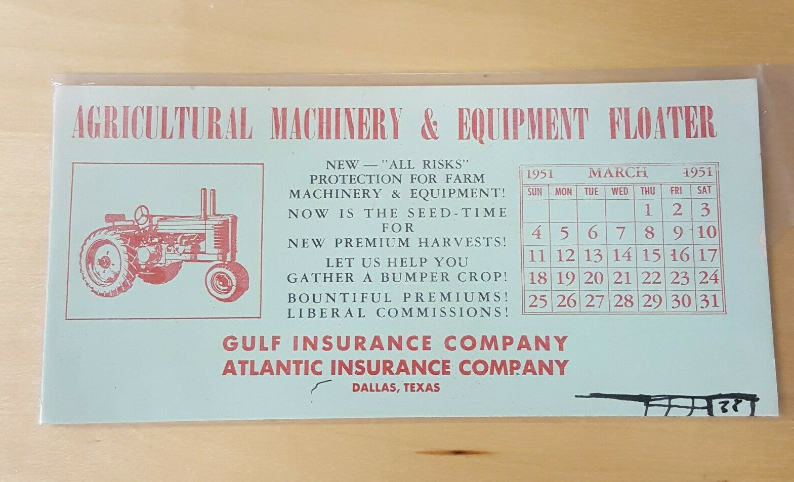 Agricultural Machinery & Equipment Floater 1951 Gulf Insurance Co. Blotter