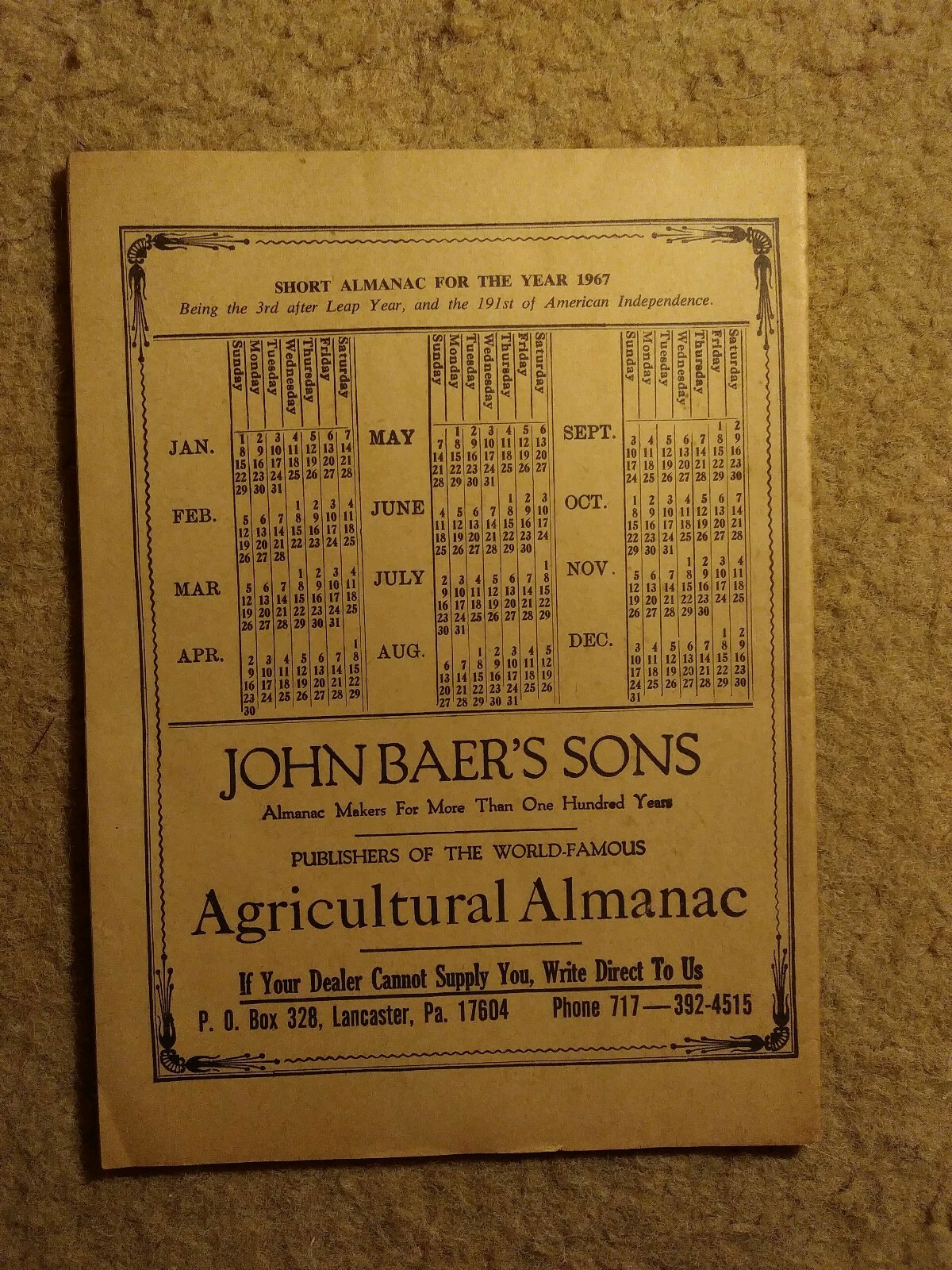 Agricultural Almanac Vol #142 1967 John Baers Sons Lancaster PA