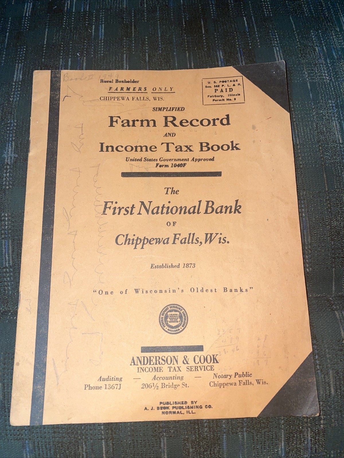 1949 Farm Record Income Tax Book Chippewa Falls Wisconsin First National Bank