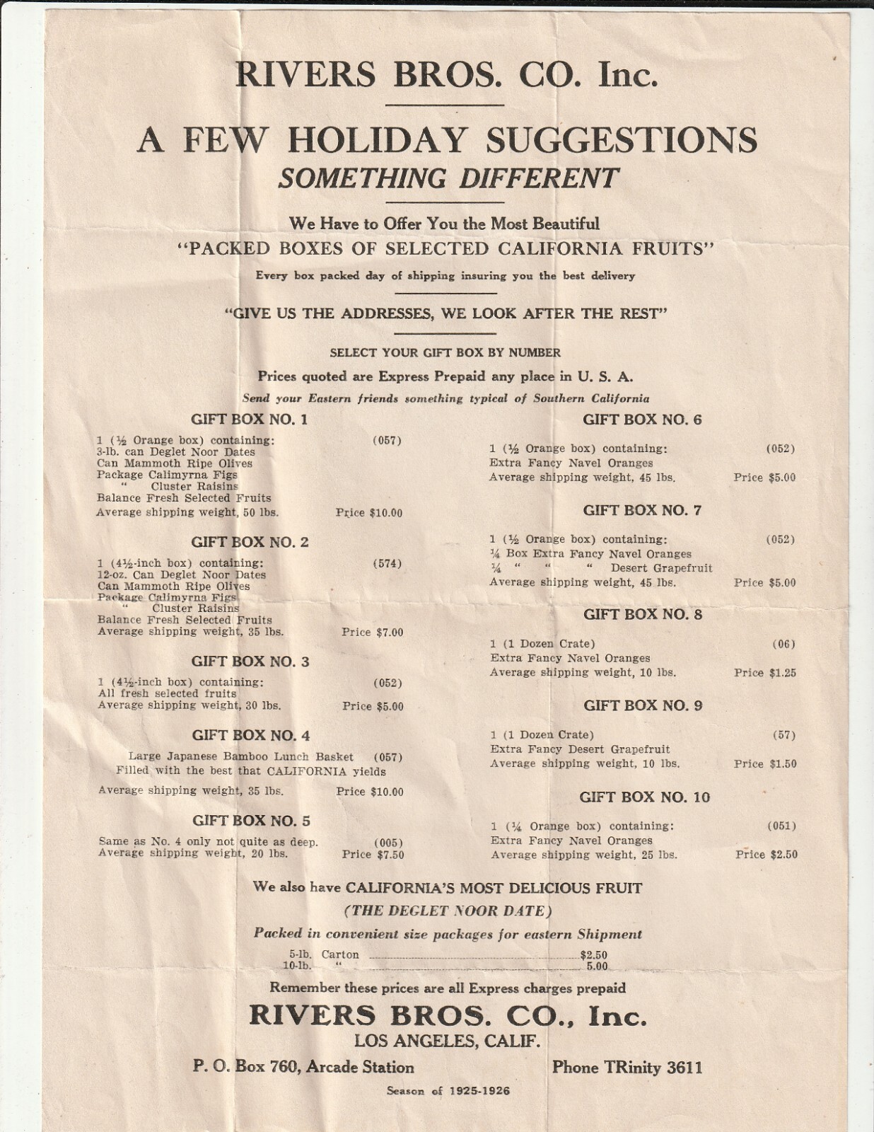 Rivers Bros Co Inc Holiday Gift Suggestions Price List 1925 1926 Season Fruit