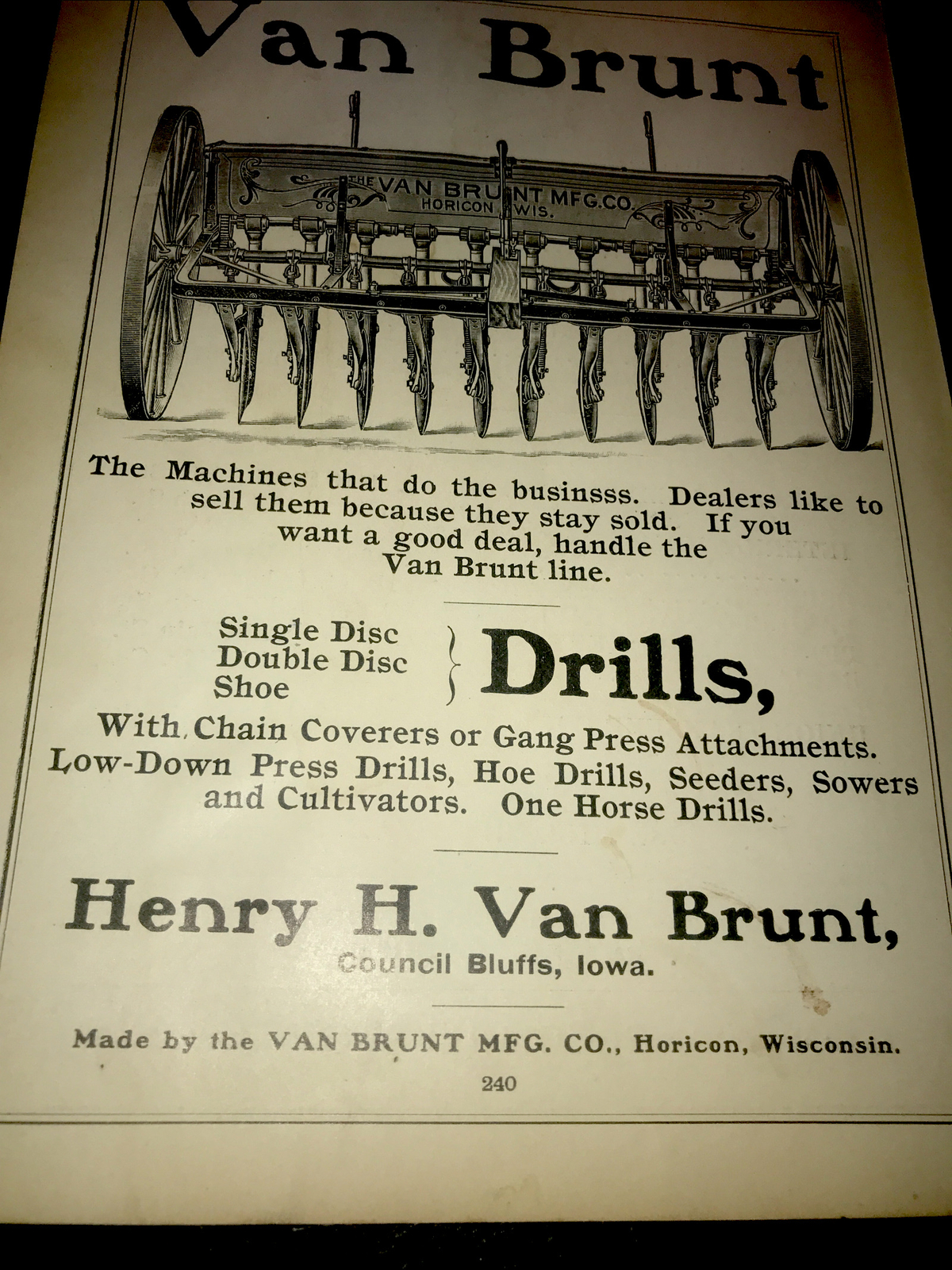 1905 Van Brunt Drills Farm Advertising – Horicon – Wisconsin Council Bluffs Iowa