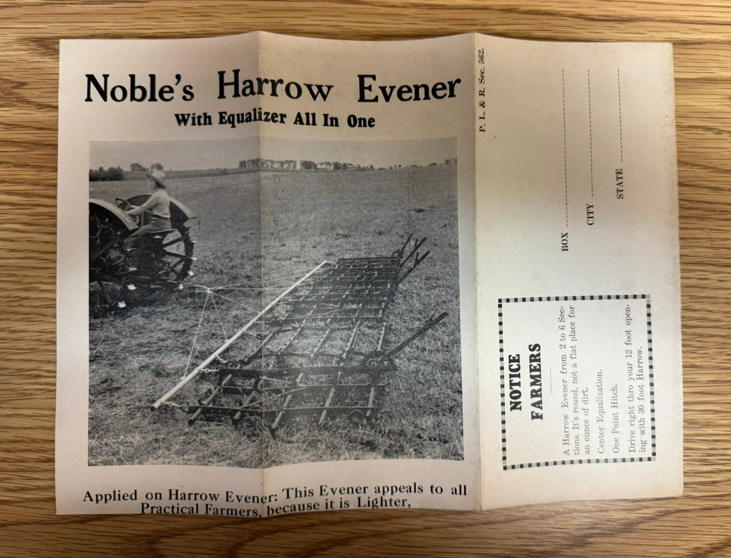 BROCHURE NOBLE HARROW EVENER NOBEL MFG. SAC CITY IOWA